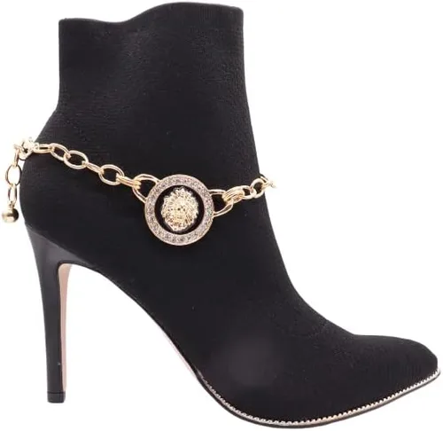 Vista 4 de Trendy Fashion Jewelry Cadena de bota occidental para mujer, pulsera de metal dorado, tobillera de tacón alto, moneda de león, medallón con dije
