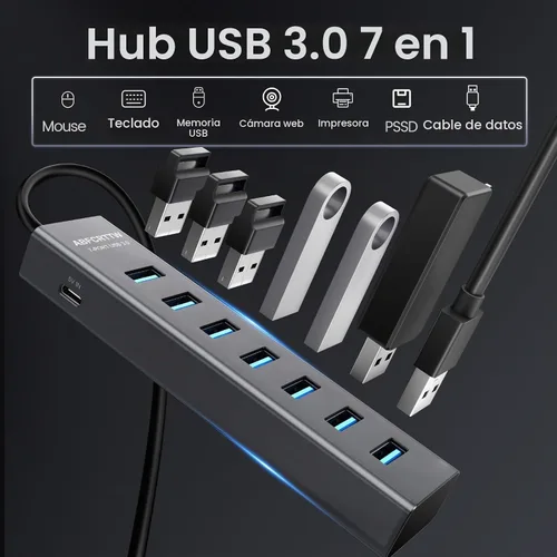 Vista 4 de Adaptador multipuerto USB C a USB Hub, adaptador multipuerto USB C 7 en 1 de aluminio, extensores USB, adaptador USB a USB C para MacBook Pro/Air