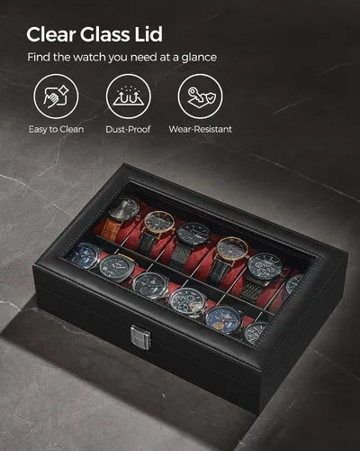 Vista 5 de SONGMICS Caja de reloj, caja de reloj de 12 ranuras con tapa de vidrio grande, almohadas extraíbles para reloj, organizador de caja de reloj, regalo