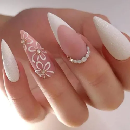 Vista 21 de NBNTGH Uñas postizas a presión de punta francesa blanca, uñas postizas de línea dorada, uñas postizas medianas con diseño de almendra, uñas postizas