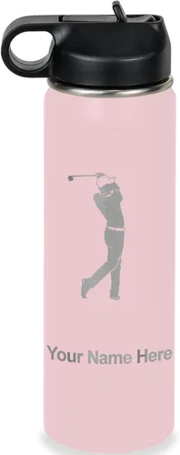 Vista 28 de LaserGram Botella de agua personalizada, golfista de golf, acero inoxidable de doble pared aislada al vacío con popote superior, regalo grabado Negro