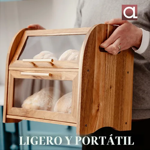 Vista 8 de Arise - Elegante caja de pan de acacia para encimera de cocina, contenedor de almacenamiento de pan de madera extra grande de 2 estantes