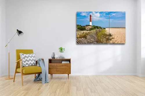 Vista 2 de Barnegat - Faro, arena, playa, valla de dunas, Nueva Jersey, impresión en lienzo, arte de pared, fotografía moderna, decoración del hogar