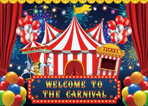 Vista 7 de Telón de fondo de circo de carnaval de 7 x 5 pies, carpa de circo, telón de fondo para fiesta, carrusel, taquilla, fondo para niños, niños, bebés