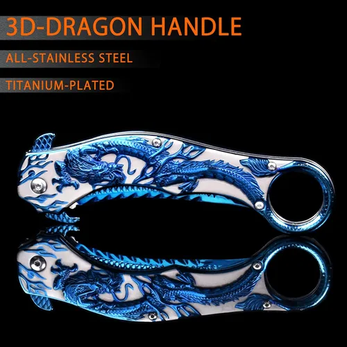 Vista 5 de Cuchillo de bolsillo, 9Cr18Mo BLADE Cuchillo plegable de bolsillo con funda, genial cuchillo EDC de dragón 3D, gran cuchillo de bolsillo de regalo
