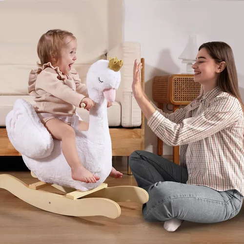 Vista 4 de labebe Caballo mecedor de cisne blanco para niños, animal de peluche en madera para niños de 6 meses, para niños y niñas/guardería, regalo