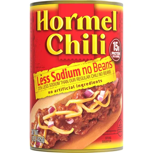 Vista 6 de Hormel Chili con Frijoles, Menos Sodio, (Paquete de 12), Lata de 15 oz de Chili, – 16g de Proteína por Porción, Sin Gluten - Ideal para Platos