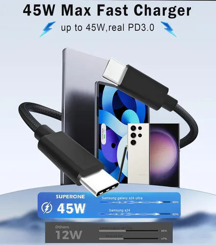 Vista 6 de Cargador súper rápido USB C 3.0 de 45 W con carga tipo C, cable trenzado de nailon compatible con cargador Samsung Cable de carga rápida para Galaxy