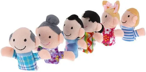 Vista 5 de Juego de 6 mini abuelos, juego de marionetas de dedo, marionetas de terciopelo de tela, 6 personas, miembros de la familia, marionetas de dedo