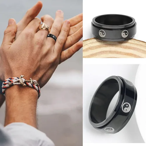 Vista 4 de yfstyle 4 anillos de banda lisa para hombres, anillos de acero inoxidable para hombres, anillos de boda geniales para hombres, anillos giratorios