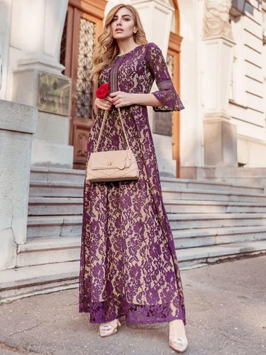 Vista 4 de MISSMAY - Vestido largo formal con mangas de campana, hecho totalmente en encaje, estilo vintage, para mujer