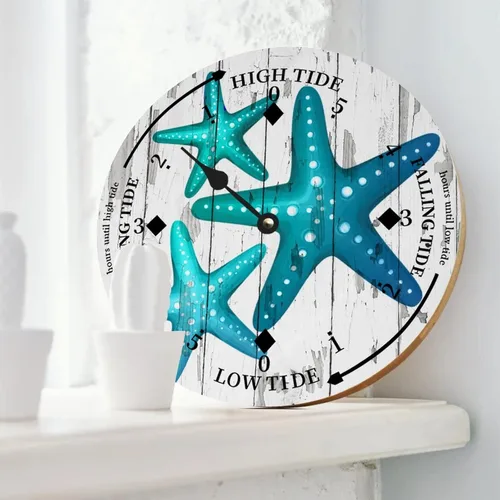 Vista 2 de Reloj de marea de estrella de mar oceánico, silencioso sin tictac, funciona con pilas, reloj de marea de madera, arte de pared, reloj de movimiento