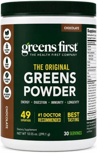 Vista 15 de Greens First Original Greens en polvo, menta, 30 porciones 49 superalimentos, frutas y verduras orgánicas, prebióticos, probióticos y enzimas