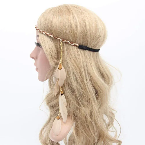 Vista 2 de Diadema de plumas hippie indio bohemio, bandas para el pelo con borlas, bohemias, para Halloween, para mujeres y niñas, corona para el pelo