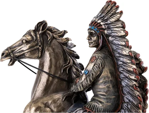 Vista 5 de Top Collection Chief Sitting Bull on Horseback Estatua – Escultura de nativos americanos con hermoso tocado en bronce fundido en frío de primera