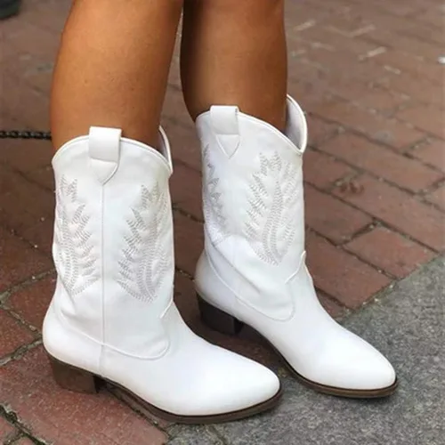 Vista 3 de Hbeylia Botas vaqueras occidentales para mujer, de cuero vintage, punta redonda, tacón medio, ancho, de media pantorrilla, botas vaqueras retro sin