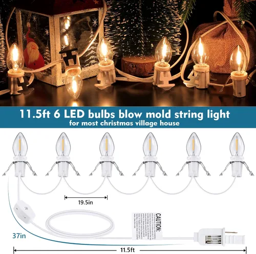 Vista 3 de Cable accesorio de luz de pueblo navideño con 6 bombillas LED, lámpara LED C7 de 11.5 pies con doble fusible y enchufes de interruptor