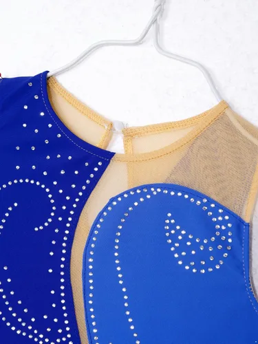 Vista 4 de JEATHA Disfraz de ballet brillante con diamantes de imitación para niños, sin mangas, falda de patinaje sobre hielo, vestido de leotardo de gimnasia