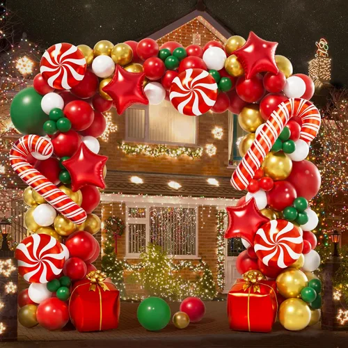 Vista 4 de AobkDeco Kit de arco de guirnalda de globos de Navidad de 151 piezas con globos rojos, blancos, dorados, verdes oscuros, globos de papel de Oro rojo