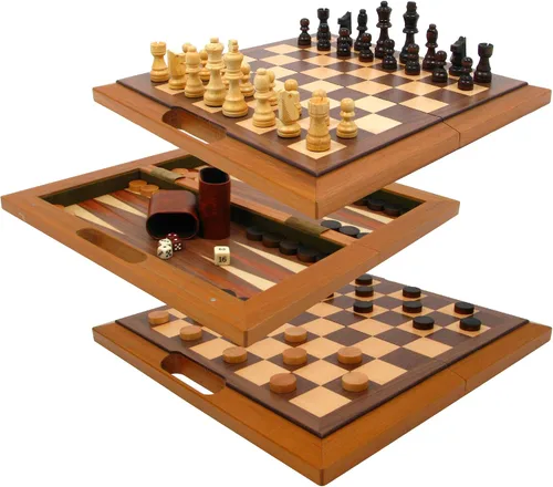 Vista 2 de Ajedrez, Checker y Backgammon de madera deluxe Set, color café