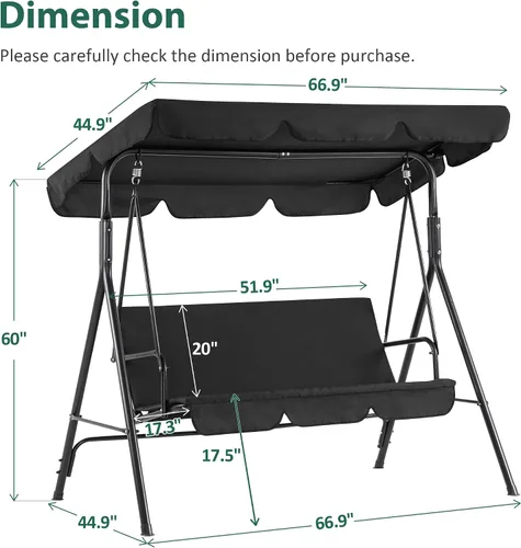 Vista 3 de MCombo - Silla de columpio para patio al aire libre, sillón balanceable con toldo ajustable para 3 personas, cojines extraíbles, 4003