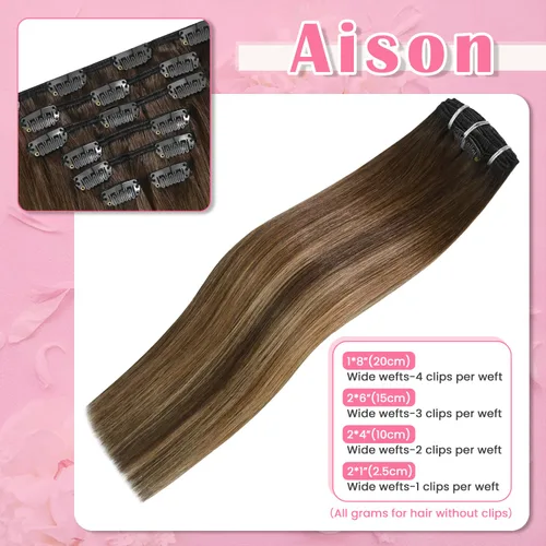 Vista 4 de Aison Extensiones de cabello con clip balayage de cabello humano real, extensiones de cabello ombre 100% de cabello humano para mujer, 12 pulgadas