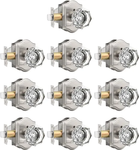 Vista 41 de Gobrico Juego de pomos de puerta de vidrio transparente para interiores, cerradura de puerta de cristal de diamante de privacidad en latón antiguo