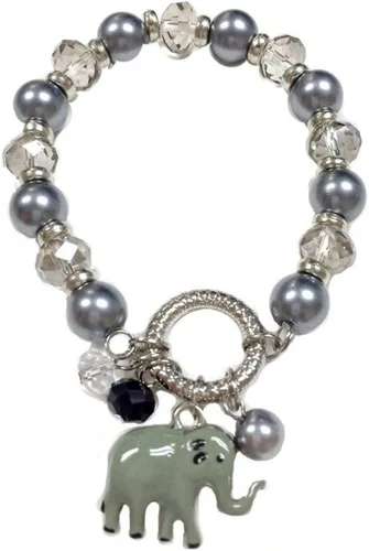 Vista 3 de Linpeng BR-2476B Fiona Pulsera elástica con cuentas de cristal y perlas con colgantes, gris claroblanco