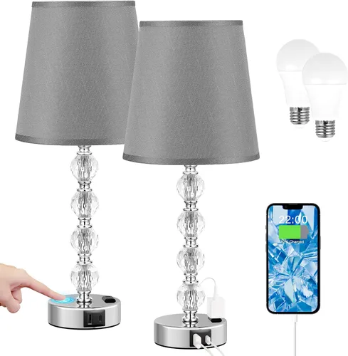 Vista 9 de Juego de 2 lámparas de mesa de cristal para dormitorio/sala de estar, 17.5 pulgadas (blanco) 3 Way Dimmable Touch Control, Bedside Nightstand