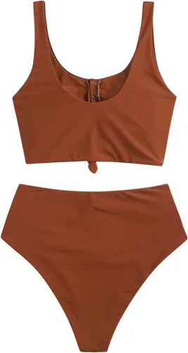 Vista 6 de ZAFUL - Traje de baño de dos piezas, cuello redondo, bikini, de cintura alta, para mujer