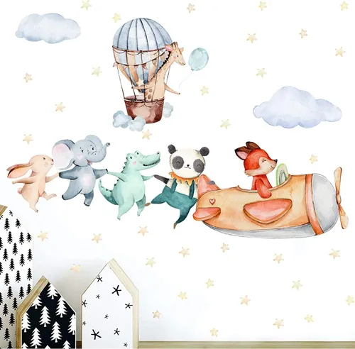 Vista 2 de TOARTI Calcomanía de pared de animales de avión, colorida calcomanía de pared para habitación de bebé, animales de dibujos animados para habitación