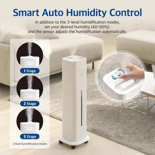 Vista 5 de Pureal Humidificador de torre de 10L, tiempo de funcionamiento 83H, niebla cálida y fría, habitación grande, tanque de llenado superior en ruedas