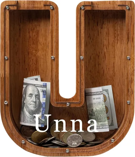 Vista 51 de Alcancía para niños y niñas, alcancía de madera con letra grande del alfabeto con inicial A, banco de monedas, regalos divertidos para cumpleaños