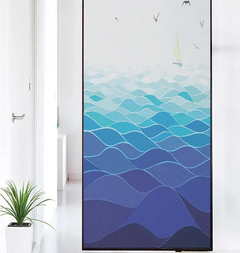 Vista 25 de Película decorativa de privacidad para ventana, control de calor, bloqueo solar, protección UV, diseño abstracto oceánico, adherencia estática Azul