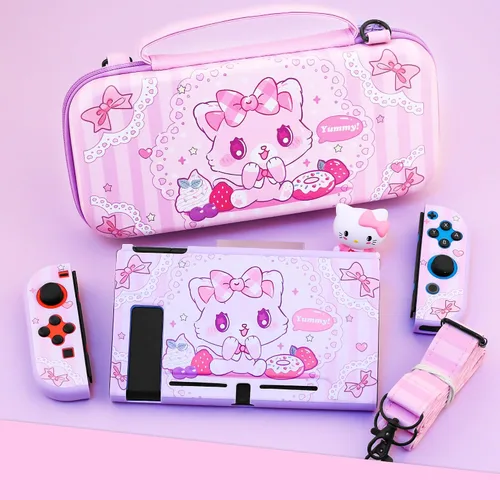 Vista 7 de HYPERCASE Cute Cat Switch Case Kit for NS Accessories Storage, with Portable Travel Carrying Bag Pouch, Soft Switch Protective Skin Cover, HD Screen