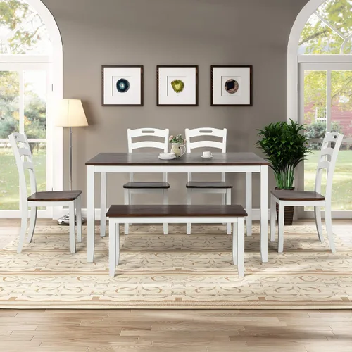Vista 22 de Juego de mesa de comedor de madera de 6 piezas, juego de mesa de cocina con rectangular, juego de mesa de comedor con banco tapizado y 4 sillas