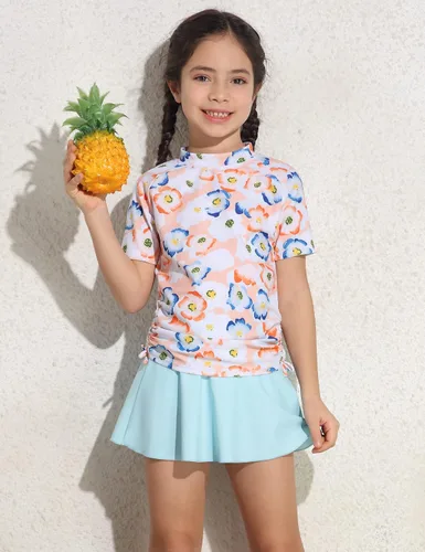 Vista 3 de Cadocado Traje de baño chic de 3 piezas para niñas con protección UPF 50+ floral de manga corta