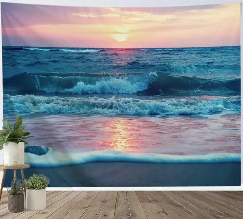 Vista 10 de IcosaMro Tapiz oceánico para colgar en la pared, mar, playa, ola, sol, nube, paisaje, naturaleza, arte de pared [dobladillos dobles] decoración