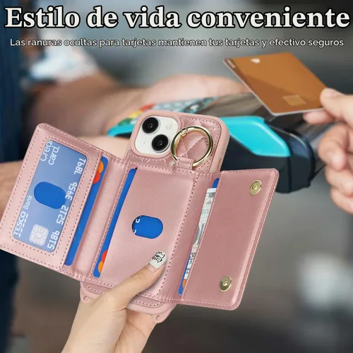 Vista 3 de Funda para iPhone 14 con tarjetero y correa para mujer, cordón cruzado, espejo de maquillaje, soporte de anillo, cierre a presión, bonitas fundas