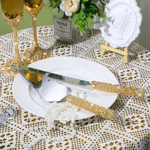 Vista 5 de Sratte - Juego de 4 cuchillos para pastel de boda y copas de champán, color dorado Toasting Crystal Rhinestone Champagne Flutes, Glasses Cake