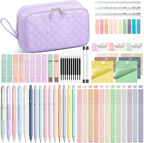 Vista 11 de 62 piezas de suministros escolares estéticos con lindo estuche de lápices, resaltadores en colores pastel, bolígrafos de gel de tinta negra, lápices