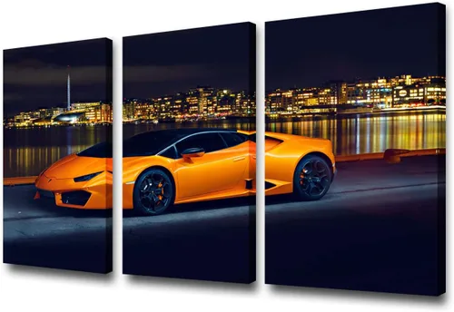 Vista 26 de Arte de pared de auto deportivo rojo para sala de estar, arte de pared de lienzo de súper auto genial, imágenes pósters, 3 piezas, arte moderno