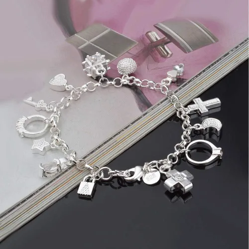 Vista 2 de Aeora Pulsera de plata S925 de trece piezas colgantes para mujer, pulseras de regalo y brazaletes de joyería, Plata