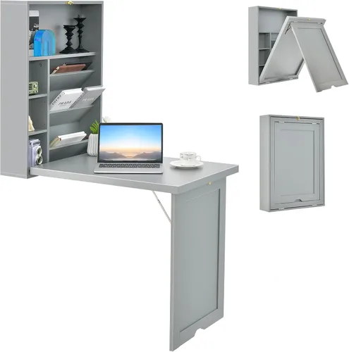 Vista 10 de Escritorio montado en la pared, escritorio flotante plegable de madera, escritorio convertible para computadora con área de almacenamiento, mesa
