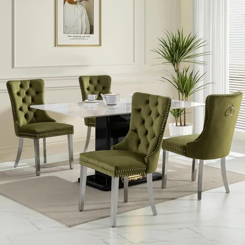 Vista 40 de SoarFlash Juego de 2 sillas de comedor de terciopelo, silla lateral de respaldo alto, silla lateral moderna tapizada de alta gama con botones Beige