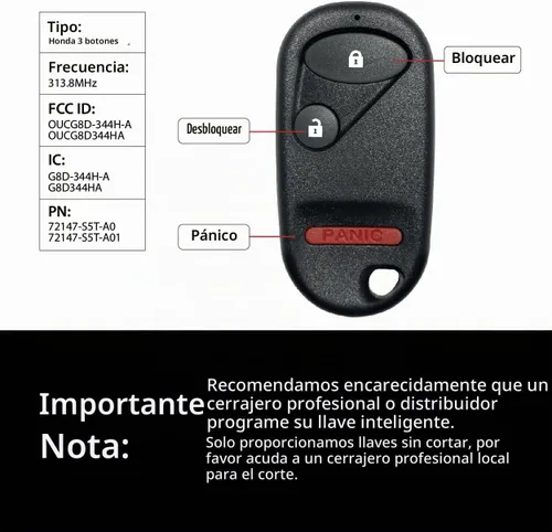 Vista 3 de Control remoto de entrada sin llave OUCG8D344HA 313.8MHz 3 botones de repuesto para Honda Civic Element CR-V 2002-2011