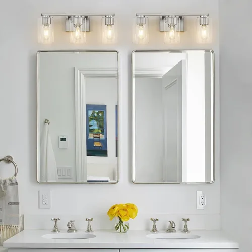 Vista 8 de WILON Lámpara de tocador de baño, 3 luces de tocador modernas de color negro claro con apliques de pared de vidrio transparente con vidrio