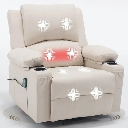 Vista 14 de Mecedora reclinable giratoria de piel sintética con portavasos para calor y masaje, silla mecedora con relleno, silla reclinable con calefacción