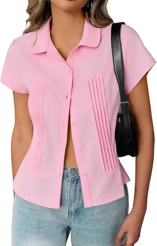 Vista 14 de Cicy Bell Blusas de manga corta con botones para mujer, plisadas, ajuste ceñido, elegantes casuales de verano
