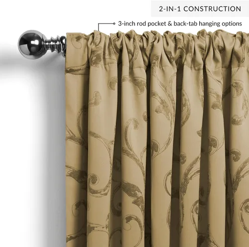 Vista 3 de Elrene Home Fashions Mia Jacquard Scroll - Cortina opaca para ventana, 52" x 95" (1 panel), dorado
